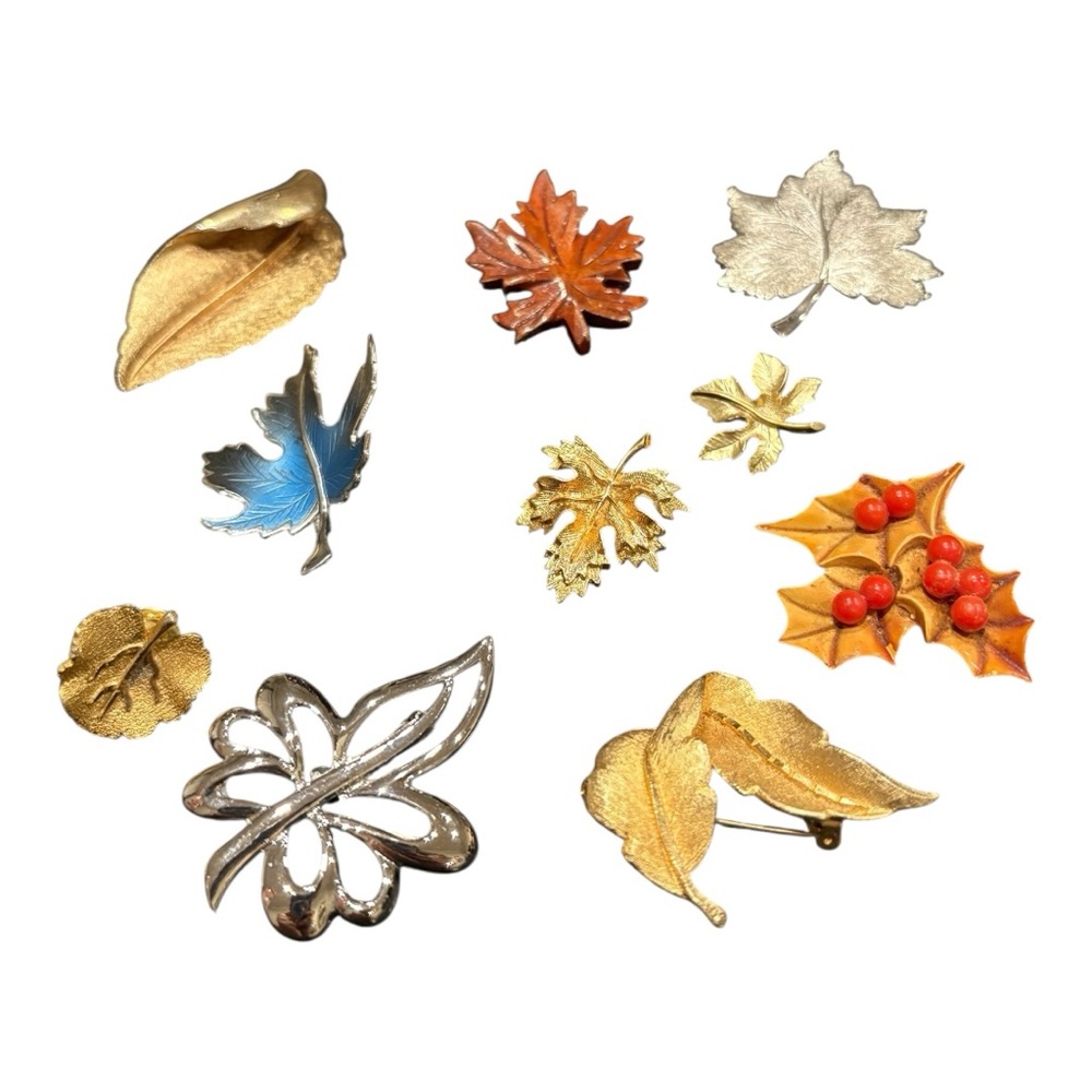 Vintage Leaf Brooch Lot (10) Gold Silver Enamel Giovanni Holiday Jewelry J13